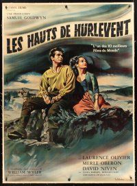2w247 WUTHERING HEIGHTS linen French 1p R60s art of Laurence Olivier & Merle Oberon by Jean Mascii!