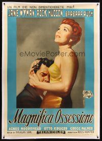 2w260 MAGNIFICENT OBSESSION linen Italian 1p '54 art of Jane Wyman holding Rock Hudson by Donelli!