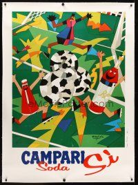 2w267 CAMPARI SODA SI linen Italian 39x54 advertising poster '80s art of bottles playing soccer!
