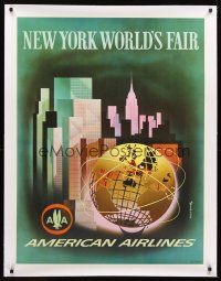 2w221 AMERICAN AIRLINES NEW YORK WORLD'S FAIR linen travel poster 1964 art by Henry K. Benscathy!