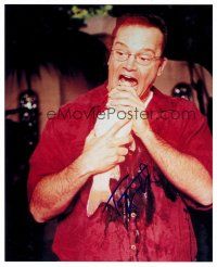 2x298 TOM ARNOLD signed color 8x10 REPRO still '02 wacky c/u putting a whole fish in his mouth!