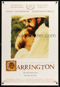 2y229 CARRINGTON DS 1sh '95 close-up of Jonathan Pryce & Emma Thompson, many lovers but one love!