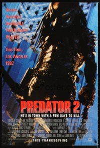 2y621 PREDATOR 2 advance DS 1sh '90 great full-length artwork of alien hunter in L.A.!