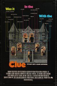 2z157 CLUE 1sh '85 Madeline Kahn, Tim Curry, Christopher Lloyd, cool board game poster design!