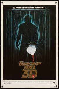 2z295 FRIDAY THE 13th PART 3 - 3D 1sh '82 slasher sequel, art of Jason stabbing through shower!
