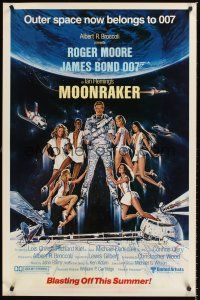 2z523 MOONRAKER summer advance 1sh '79 art of Roger Moore as Bond & sexy space babes by Goozee!