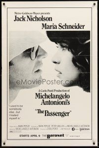 2z583 PASSENGER premiere advance 1sh '75 Antonioni, c/u of Jack Nicholson & Maria Schneider!