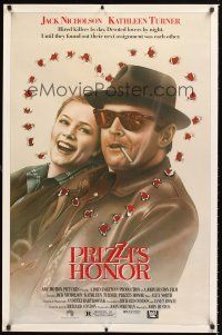 2z603 PRIZZI'S HONOR 1sh '85 cool art of smoking Jack Nicholson & Kathleen Turner w/bullet holes!