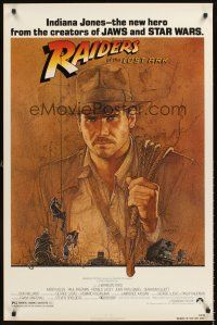 2z617 RAIDERS OF THE LOST ARK 1sh '81 great art of adventurer Harrison Ford by Richard Amsel!