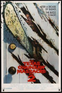 2z776 TEXAS CHAINSAW MASSACRE PART 2 door style 1sh '86 Tobe Hooper horror sequel, cool Huston art!