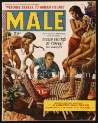 3a128 MALE magazine April 1959 cool art of man in South Seas native village by Mort Kunstler!
