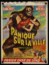3b387 GORILLA AT LARGE Belgian '54 great art of giant ape holding screaming sexy Anne Bancroft!