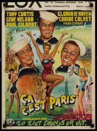 3b420 SO THIS IS PARIS Belgian '54 Bos art of sailor Tony Curtis, sexy Gloria DeHaven!