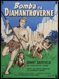 3b534 AFRICAN TREASURE Danish '54 Wenzel art of Johnny Sheffield as Bomba of the Jungle!