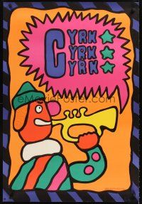 3b481 CYRK Polish commercial poster '80s Jan Mlodozeniec art of clown & blowing horn!