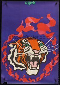 3b483 CYRK Polish circus poster '70 Jodlowski art of tiger and ring of fire!