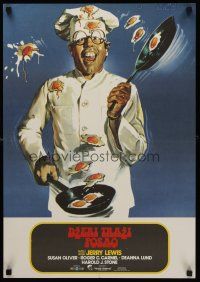 3b301 HARDLY WORKING Yugoslavian '81 wacky funny man Jerry Lewis in chef's outfit w/eggs!