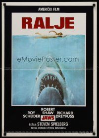 3b306 JAWS Yugoslavian '75 art of Spielberg's classic man-eating shark attacking sexy swimmer!