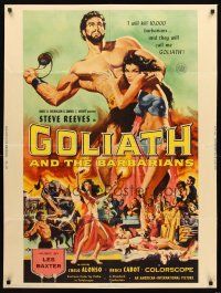 3c618 GOLIATH & THE BARBARIANS 30x40 '59 art of Steve Reeves protecting sexy Chelo Alonso!