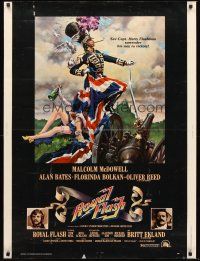 3c640 ROYAL FLASH 30x40 '75 great art of uniformed Malcolm McDowell & sexy babe draped in flag!