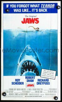 3c558 JAWS Topps poster '81 Steven Spielberg classic, man-eating shark attacking sexy swimmer!