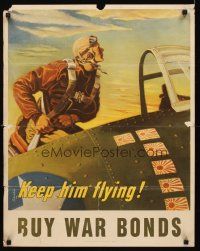 3c269 KEEP HIM FLYING war poster '43 Schreiber art of pilot strapping into cockpit, WWII!