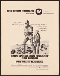 3d227 TRAIN ROBBERS pressbook '73 great full-length art of cowboy John Wayne & sexy Ann-Margret!