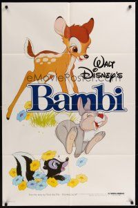 3e057 BAMBI 1sh R82 Walt Disney cartoon deer classic, great art scenes w/Thumper & Flower!