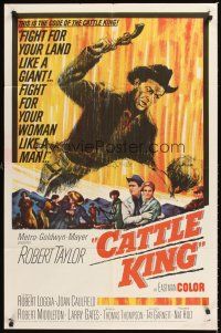 3e145 CATTLE KING 1sh '63 cool artwork of Robert Taylor about to pistol-whip bad guy!