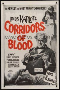 3e191 CORRIDORS OF BLOOD 1sh '63 Boris Karloff, Christopher Lee, blood-curdling experiments!