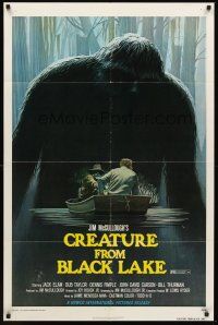 3e201 CREATURE FROM BLACK LAKE 1sh '76 cool art of monster looming over guys in boat by McQuarrie!