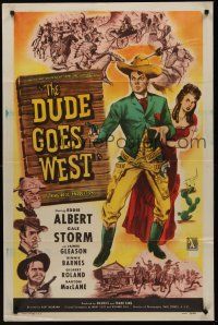 3e282 DUDE GOES WEST 1sh '48 wacky art of cowboy Eddie Albert protecting sexy Gale Storm!