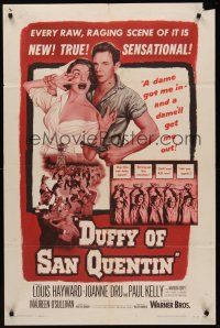 3e287 DUFFY OF SAN QUENTIN 1sh '54 Louis Hayward holds sexy nurse hostage, prison escape art!