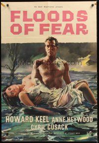 3e358 FLOODS OF FEAR English 1sh '59 art of barechested Howard Keel holding sexy Anne Heywood!