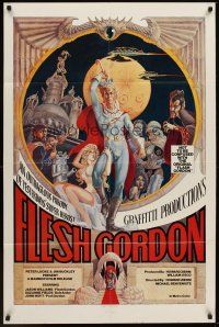 3e356 FLESH GORDON 1sh '74 sexy sci-fi spoof, wacky erotic super hero art by George Barr!