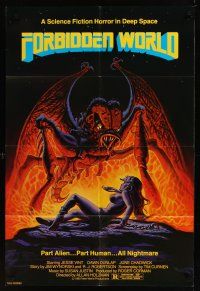 3e367 FORBIDDEN WORLD 1sh '82 Roger Corman, cool sci-fi art of monster attacking sexy girl!