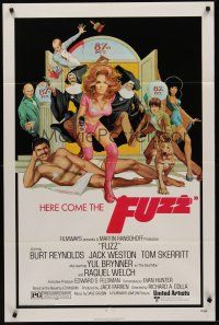 3e394 FUZZ 1sh '72 wacky art of naked Burt Reynolds & sexiest cop Raquel Welch!