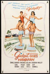 3e407 GIDGET GOES HAWAIIAN 1sh '61 best image of two guys surfing with girls on their shoulders!