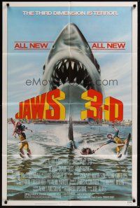 3e510 JAWS 3-D 1sh '83 great Gary Meyer shark artwork, the third dimension is terror!