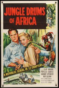 3e517 JUNGLE DRUMS OF AFRICA 1sh '52 Clayton Moore with gun & Phyllis Coates, Republic serial!