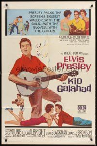 3e523 KID GALAHAD 1sh '62 art of Elvis Presley singing with guitar, boxing, and romancing!