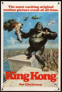 3e524 KING KONG teaser 1sh '76 John Berkey art of BIG Ape on the Twin Towers!