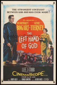 3e549 LEFT HAND OF GOD 1sh '55 artwork of priest Humphrey Bogart holding gun + sexy Gene Tierney!