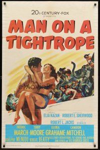 3e594 MAN ON A TIGHTROPE 1sh '53 directed by Elia Kazan, pretty circus performer Terry Moore!