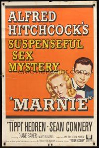 3e603 MARNIE 1sh '64 Sean Connery & Tippi Hedren in Alfred Hitchcock's suspenseful sex mystery!