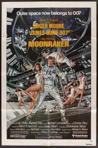 3e637 MOONRAKER 1sh '79 art of Roger Moore as James Bond & sexy space babes by Goozee!
