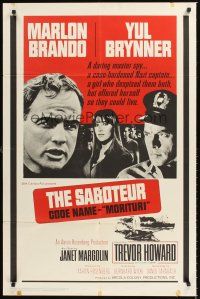3e639 MORITURI 1sh '65 art of Marlon Brando & Nazi captain Yul Brynner, The Saboteur!