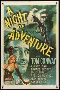 3e668 NIGHT OF ADVENTURE style A 1sh '44 art of Tom Conway & Audrey Long + gun in hand!
