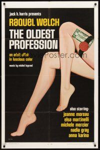 3e691 OLDEST PROFESSION 1sh '68 Raquel Welch, sexy legs with garter belt & money!
