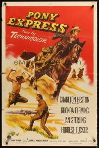 3e749 PONY EXPRESS 1sh '53 great art of Charlton Heston as Buffalo Bill on horseback!